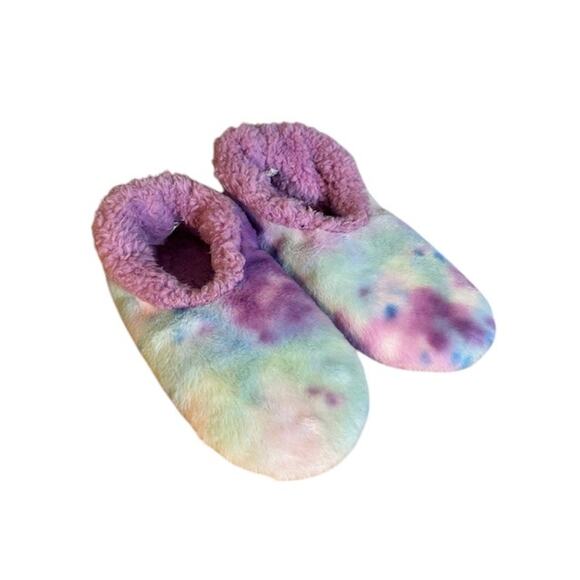 Snoozies Purple Multi-Color Tie Dye Furry Slip On Slippers Women Sz 6 - Picture 1 of 6
